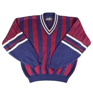 Vintage American Crusader Sweater M Red Blue Stripe V Neck 90s Y2K Knit